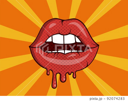 Retro pop art mouth. Comic vintage funny girl red lips with shine teeth. Modern poster, isolated sticker, beauty shop advertising, sexy lipstick, fashion expression texture. Vector abstract card 92074283