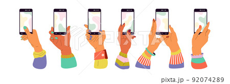 Hand with phone. Mobile app interface mockup. Smartphone blank screen. Arms holding telephones. Send message. Photo and pay application. Online network. Vector illustration set of devices in fingers 92074289