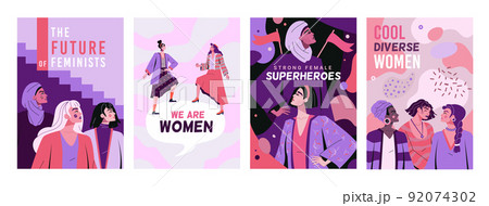 Strong superhero woman posters. Feminist people flying at future. Modern cool portraits. Diverse multiethnic female. Feminine International Day cards set. Ladies empowerment. Vector flat background 92074302