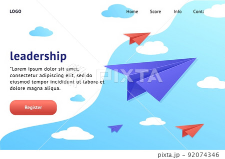 Leadership airplane landing page. Website interface template. Paper origami email message flight. Business people success. Innovation vision way. Flying folded plane in sky. Vector illustration layout 92074346