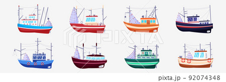 Sea fish boat. Fisherman marine trawler. Ocean harbor fishery icons. Traditional transportation in water. Fisher motorboats side view. Industrial vessels with fishing tackles. Vector isolated ship set 92074348