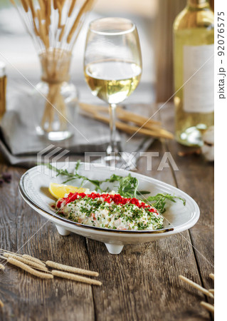 Gourmet salad with caviar and crab sticks Gourmet salad with caviar and crab sticks 92076575