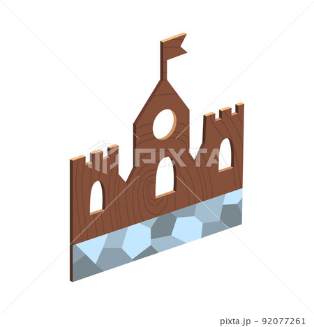 Wooden kid toy. Ecological figure of device for children. Ancient castle. Retro cartoon design playing tool for baby. No plastic 92077261