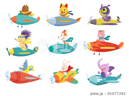 Set of cute baby animals cat, elephant, bear on airplanes. Collection of funny pilots fox, pig and owl flying on planes. Cartoon vector characters flying on retro transport Set of cute baby animals cat, elephant, bear on airplanes. Collection of funny pilots fox, pig and owl flying on planes. Cartoon vector characters flying on retro transport 92077262