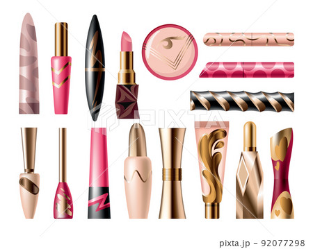 Makeup cosmetics set of different packages. Isolated beauty products and facial decorative cosmetics tools. Blank template of containers for eyeliner, lipstick, powder, foundation and mascara Makeup cosmetics set of different packages. Isolated beauty products and facial decorative cosmetics tools. Blank template of containers for eyeliner, lipstick, powder, foundation and mascara 92077298