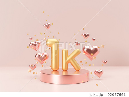 1000 followers card with golden confetti on pink background. Banner for social network, blog. 1k followers or likes celebration. Social media achievement poster. One thousand subscriber. 3d rendering. 92077661