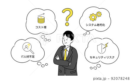DXのこんな悩みありませんかのイラスト、悩む経営者とアイコン、ベクター 92078248