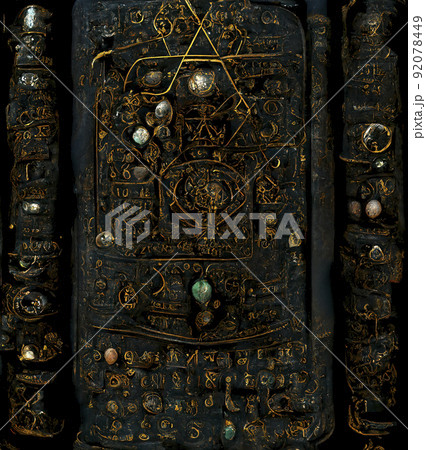 Ancient Book with Glowing Magic Spells, Runes and Precious Stones. Occult, Esoteric, Divination and Wicca Concept. Halloween Vintage Background Ancient Book with Glowing Magic Spells, Runes and Precious Stones. Occult, Esoteric, Divination and Wicca Concept. Halloween Vintage Background 92078449