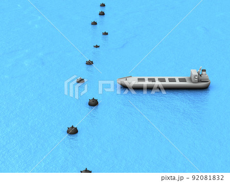 機雷によって封鎖された海路。機雷は船が通れないようにすき間なく並んでいる。 92081832