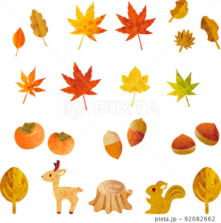 アイコン　マーク　秋　水彩　動物　紅葉　もみじ　果物　かわいい　おしゃれ　イラスト素材セット 92082662
