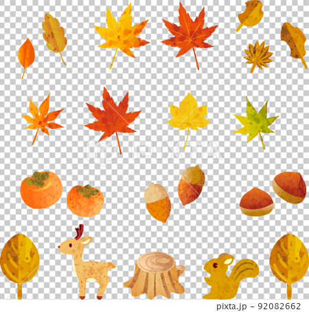 アイコン　マーク　秋　水彩　動物　紅葉　もみじ　果物　かわいい　おしゃれ　イラスト素材セット 92082662
