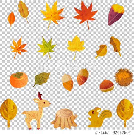 圖標標記秋季水彩動物秋葉楓果可愛時尚插畫素材集 92082664