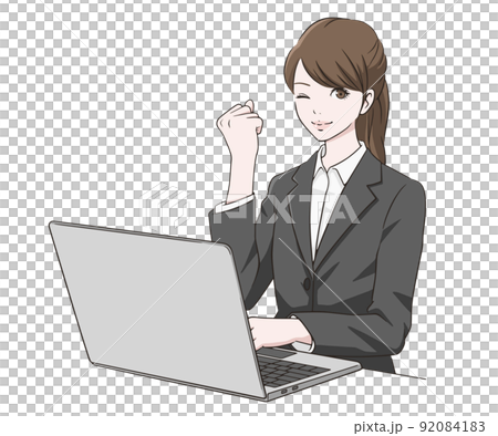A woman in a suit doing a guts pose in front of a PC A woman in a suit doing a guts pose in front of a PC 92084183