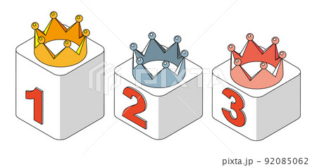 1から3の数字が書かれた台座に置かれた3色の王冠セット アイソメトリック 1から3の数字が書かれた台座に置かれた3色の王冠セット アイソメトリック 92085062