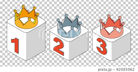 A three-color crown set isometric placed on a pedestal with numbers 1 to 3 written on it A three-color crown set isometric placed on a pedestal with numbers 1 to 3 written on it 92085062