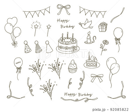ラインのみ　パーテイーと誕生日のモチーフのセットイラストレーション 92085822