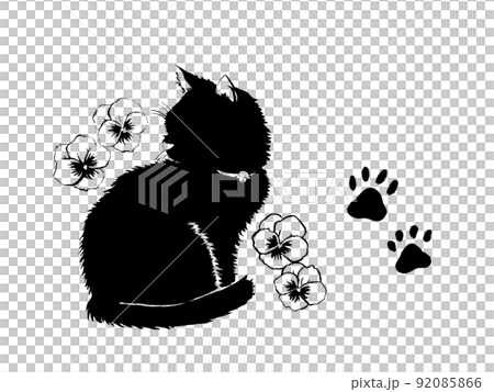 何かが気になる猫とパンジーのシルエット 何かが気になる猫とパンジーのシルエット 92085866