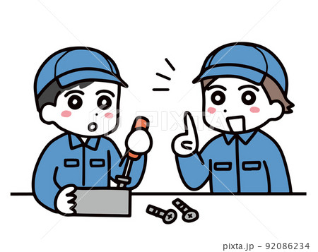 仕事を教えている・教わっている作業服の男性 92086234