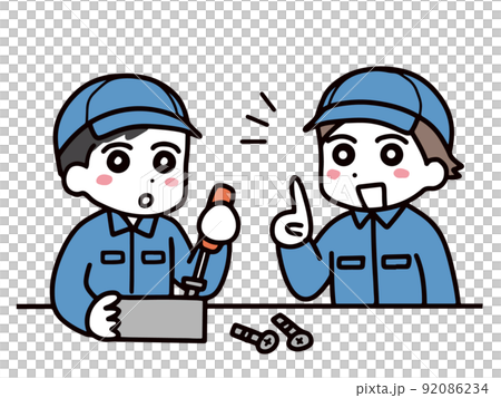 仕事を教えている・教わっている作業服の男性 92086234