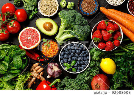 Healthy food. Healthy eating background. Fruit, vegetable, berry.  Vegetarian eating. Superfood 92088608