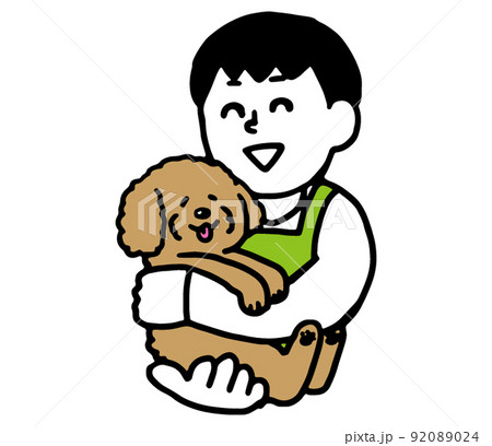 犬を抱っこするエプロン姿の男性(シンプル) 犬を抱っこするエプロン姿の男性(シンプル) 92089024