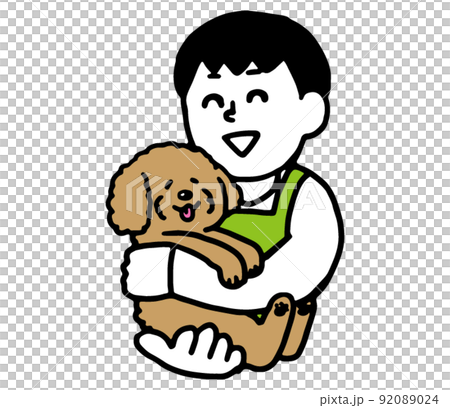 犬を抱っこするエプロン姿の男性(シンプル) 犬を抱っこするエプロン姿の男性(シンプル) 92089024