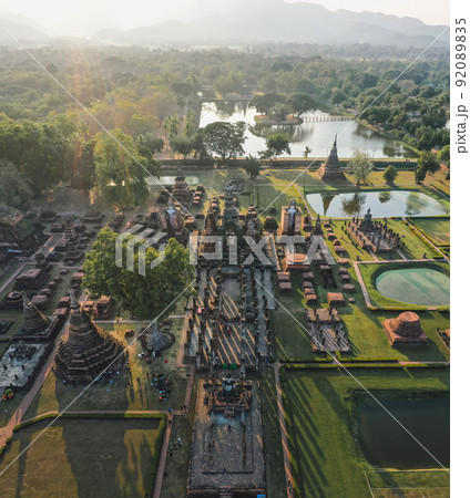Aerial view of Wat Mahathat buddha and temple in Sukhothai Historical Park Aerial view of Wat Mahathat buddha and temple in Sukhothai Historical Park 92089835