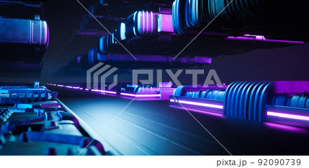 3d rendering futuristic metal sci fi corridor with blue and pink neon light. 3d rendering futuristic metal sci fi corridor with blue and pink neon light. 92090739