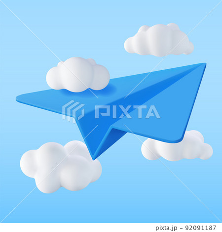 3D Blue Paper Plane in Sky with Clouds 3D Blue Paper Plane in Sky with Clouds 92091187