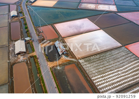 Aerial view of Salt farms in Phetchaburi province, Thailand Aerial view of Salt farms in Phetchaburi province, Thailand 92091259