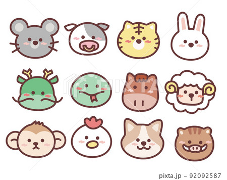 可愛い十二支のイラスト(馬、鼠、猪、犬、羊、蛇、猿、牛、鳥、兎、寅、辰、キャラクター) 92092587