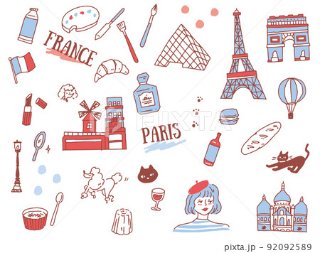 白黒 モノトーン 線画のイラスト 手書き オシャレ 雑誌 ファッション 可愛い フランス パリ のイラスト素材 9925