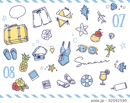白黒、モノトーン、線画のイラスト(手書き、オシャレ、雑誌、ファッション、可愛い、夏、ビーチ) 92092590