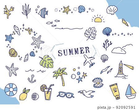 白黒、モノトーン、線画のイラスト(手書き、オシャレ、雑誌、ファッション、可愛い、海、夏、貝殻) 92092591