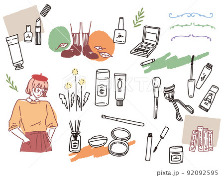 白黒 モノトーン 線画のイラスト 手書き オシャレ 雑誌 ファッション 可愛い 人物 コスメ 植物 のイラスト素材