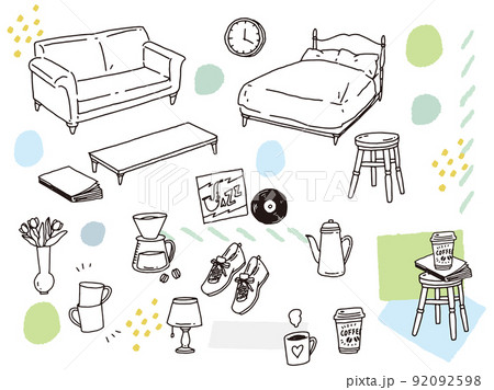 白黒 モノトーン 線画のイラスト 手書き オシャレ 雑誌 ファッション 可愛い インテリア 雑貨 のイラスト素材