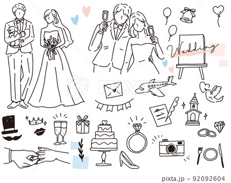 白黒、モノトーン、線画のイラスト(結婚、結婚式、カップル、夫婦、招待状、ウェルカムボード、指輪) 92092604