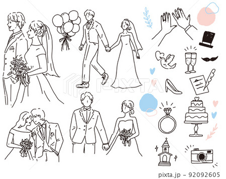 白黒 モノトーン 線画のイラスト 結婚 結婚式 カップル 夫婦 招待状 ウェルカムボード 指輪 のイラスト素材