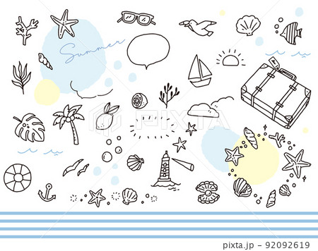 白黒 モノトーン 線画のイラスト 手書き オシャレ 雑誌 ファッション 可愛い 海 夏 貝殻 のイラスト素材