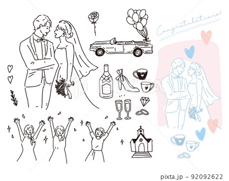 白黒 モノトーン 線画のイラスト 結婚 結婚式 カップル 夫婦 招待状 ウェルカムボード 指輪 のイラスト素材