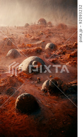 A fantastic Martian landscape in rusty orange colors. The surface of the desert planet Mars, rocks and sand. Alien unusual landscape of red Mars. Perfect for phone wallpaper or for posters. 92093232