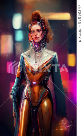 Futuristic cyber-woman of the future in fashionable clothes. Concept of the technological future. Sci-fi style. Perfect for phone wallpaper or for posters. Futuristic cyber-woman of the future in fashionable clothes. Concept of the technological future. Sci-fi style. Perfect for phone wallpaper or for posters. 92093247