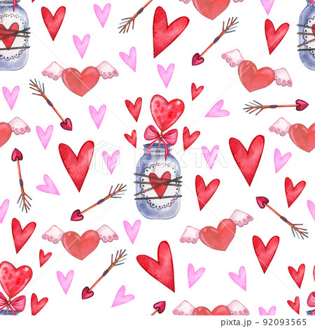 Seamless pattern with hearts on a white background. Suitable for the design of paper, fabric, postcards. Seamless pattern with hearts on a white background. Suitable for the design of paper, fabric, postcards. 92093565