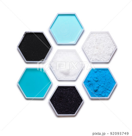 Chemical ingredient in hexagonal molecular shaped container. Hair Conditioner, Urea, Copper (II) Sulfate, Potassium permanganate, Shampoo Liquid, Carbon Charcoal Powder and Sodium Hydroxide Pellets. 92093749
