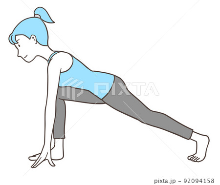 ヨガ、ランジのポーズをする女性、脚のストレッチ、シンプルな色 ヨガ、ランジのポーズをする女性、脚のストレッチ、シンプルな色 92094158