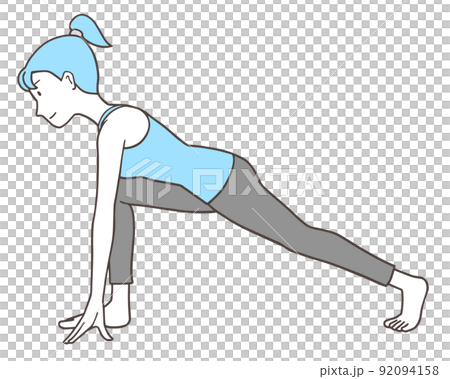 ヨガ、ランジのポーズをする女性、脚のストレッチ、シンプルな色 ヨガ、ランジのポーズをする女性、脚のストレッチ、シンプルな色 92094158