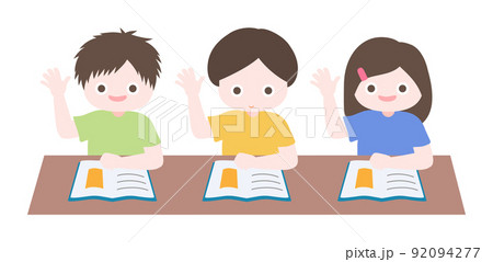 Cartoon cute little children reading book and raising their hands for questions in classroom. Child back to school series. Isolated on white background, flat design, vector, illustration, EPS10 92094277