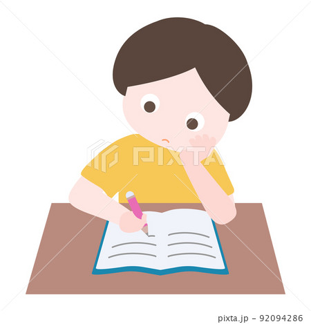 Cartoon cute little boy focus on reading book and writing notes in classroom. Child back to school series. Isolated on white background, vector, illustration, EPS10 Cartoon cute little boy focus on reading book and writing notes in classroom. Child back to school series. Isolated on white background, vector, illustration, EPS10 92094286