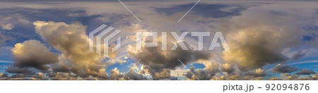 Dramatic sunset sky panorama with Cumulus clouds. Seamless hdr 360 pano in spherical equirectangular format. Complete zenith for 3D visualization, game and sky replacement for aerial drone panoramas 92094876