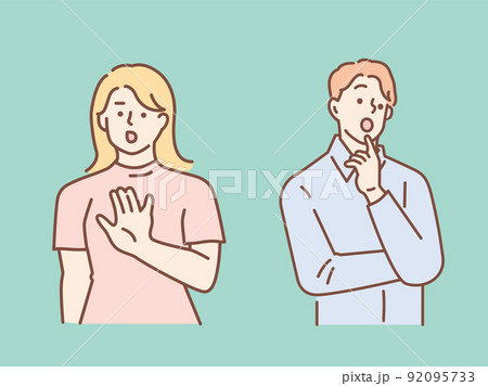 悩む男性、ストップを表す女性のイラスト(困る、待て、考える、問題、不安、調べる、禁止、疑問、解決、注 悩む男性、ストップを表す女性のイラスト(困る、待て、考える、問題、不安、調べる、禁止、疑問、解決、注 92095733